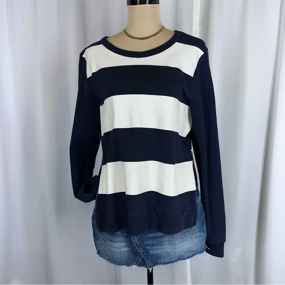 J Crew French Terry Pullover Top Navy White Bold‎ Stripes Side Zipper Nautical M